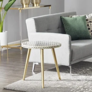 bone inlay round side table with three gold legs