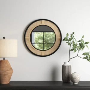 round rattan wall mirror with black frame