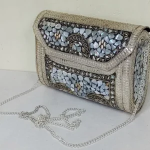 traditional metal stone work box clutch with sling chain