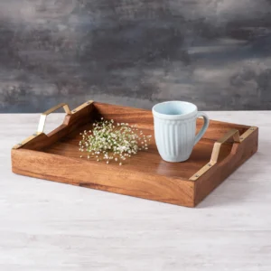 teak wood tray with golden handle